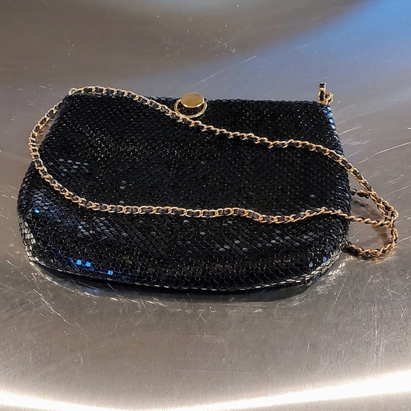 Sparkly black chainmail bag with gold tone hardware. Pre-owned. - Picture 2 of 13